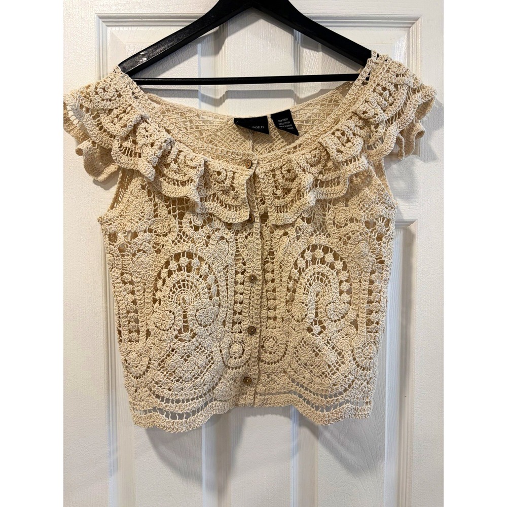 LIV Los Angeles Women's L Beige Crochet Ruffle Boho Cottagecore Cotton